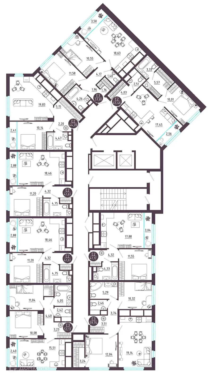 Планировка 2-комнатной квартиры 57.81 м² в ЖК Крылья, г. Рязань — фото 2