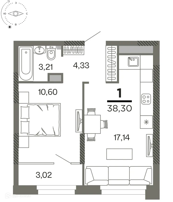 Планировка 1-комнатной квартиры 38.3 м² в ЖК "Северный", г. Рязань — фото 1