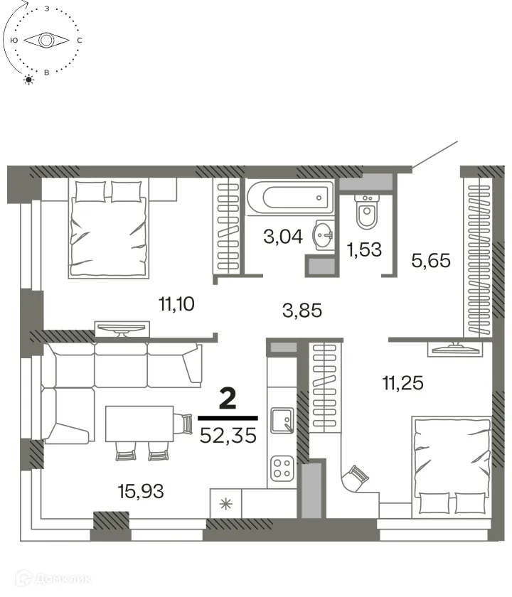 Планировка 2-комнатной квартиры 52.35 м² в ЖК "Северный", г. Рязань — фото 1