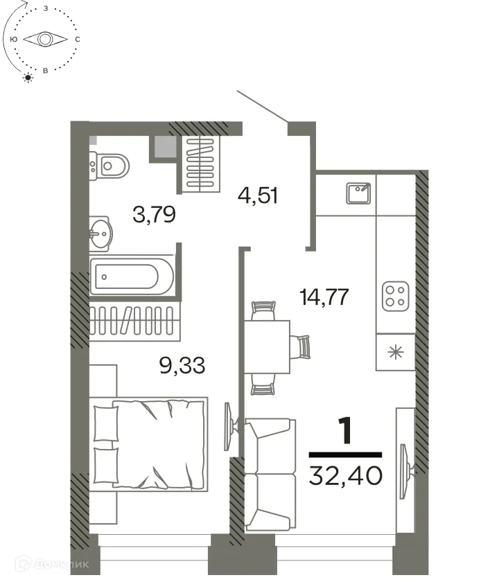 Планировка 1-комнатной квартиры 32.4 м² в ЖК "Северный", г. Рязань — фото 1