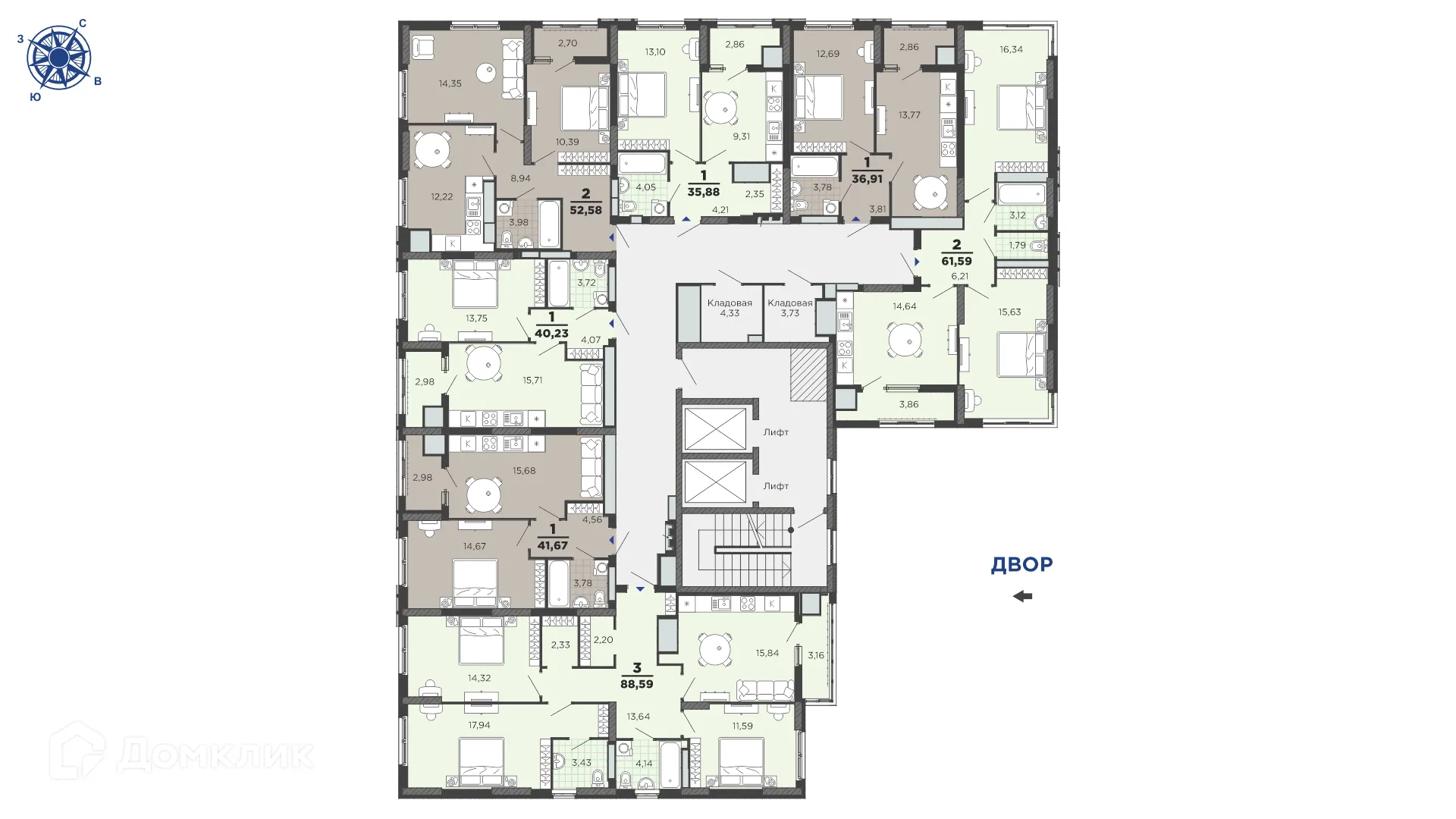 Планировка 3-комнатной квартиры 88.59 м² в ЖК "Академик", г. Рязань — фото 2