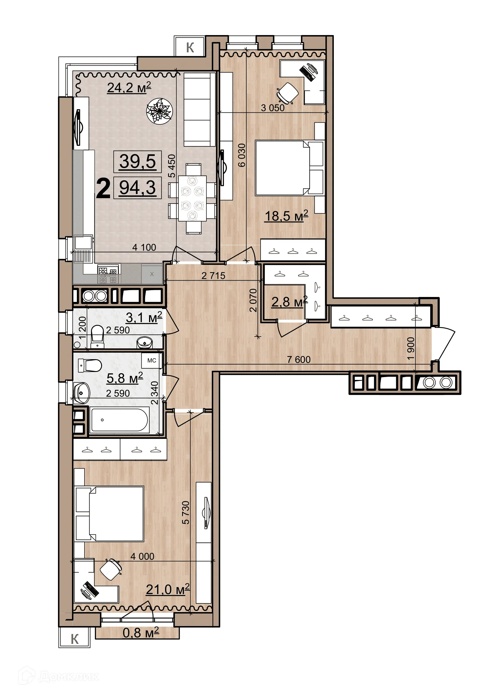 Планировка 2-комнатной квартиры 93.67 м² в ЖК Pride Park (Прайд Парк), г. Рязань — фото 3