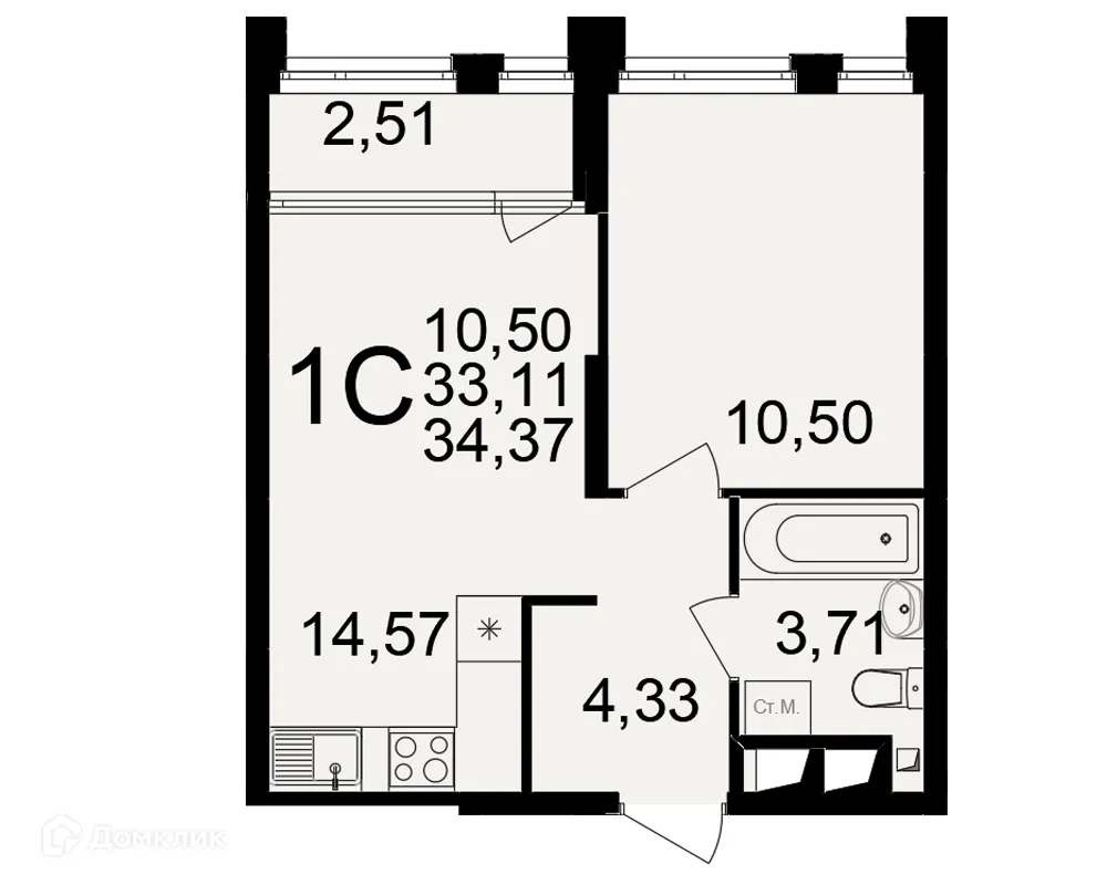 Планировка 1-комнатной квартиры 34.37 м² в ЖК Большая история, г. Рязань — фото 1