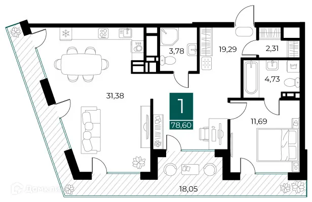 Планировка 1-комнатной квартиры 78.6 м² в ЖК Арт-кварталы, г. Рязань — фото 1
