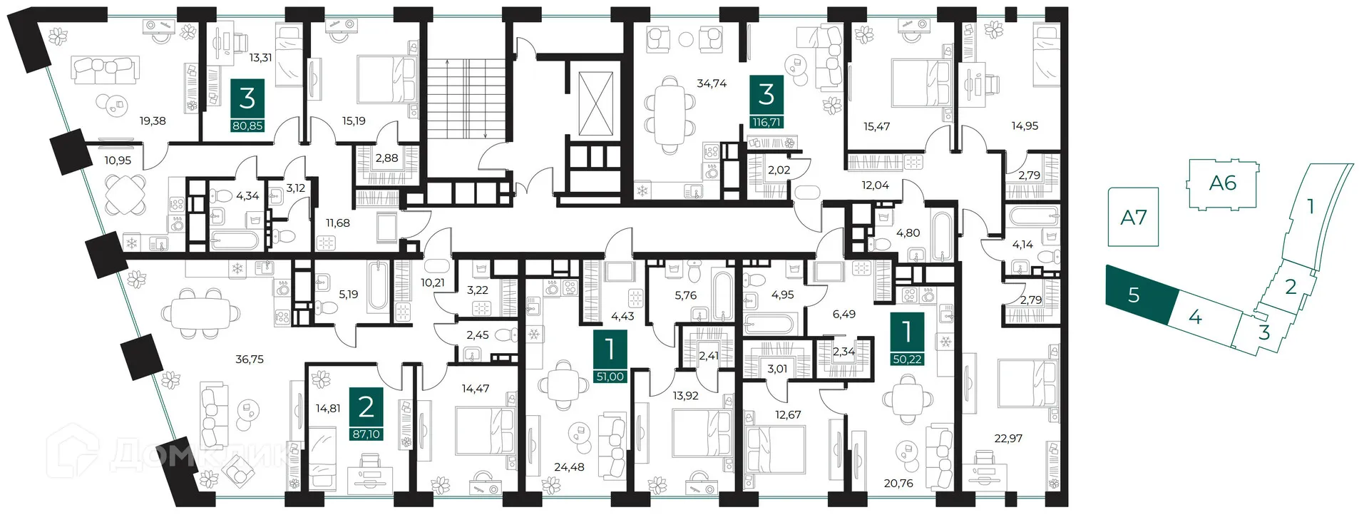 Планировка 2-комнатной квартиры 87.1 м² в ЖК Арт-кварталы, г. Рязань — фото 2