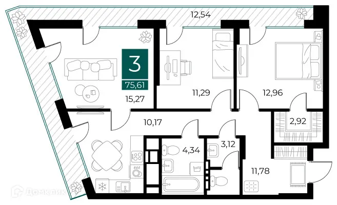 Планировка 3-комнатной квартиры 75.61 м² в ЖК Арт-кварталы, г. Рязань — фото 1