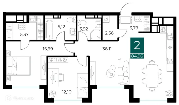 Планировка 2-комнатной квартиры 84.96 м² в ЖК Арт-кварталы, г. Рязань — фото 1