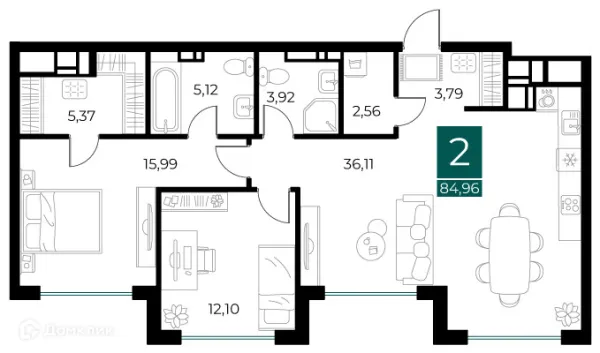 Планировка 2 комн. в ЖК Арт-кварталы