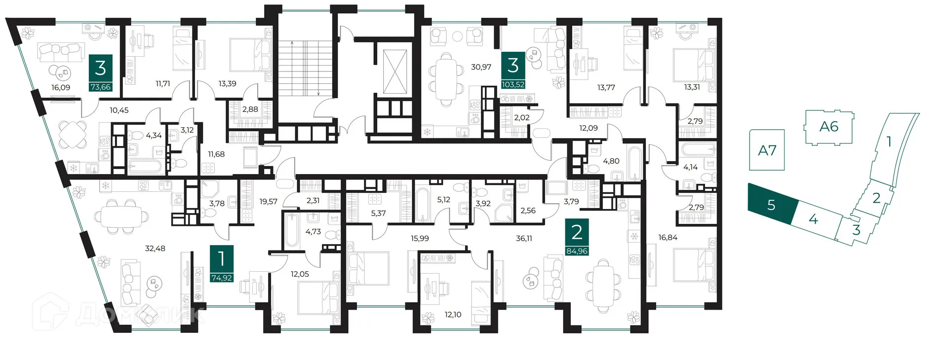 Планировка 2-комнатной квартиры 84.96 м² в ЖК Арт-кварталы, г. Рязань — фото 2
