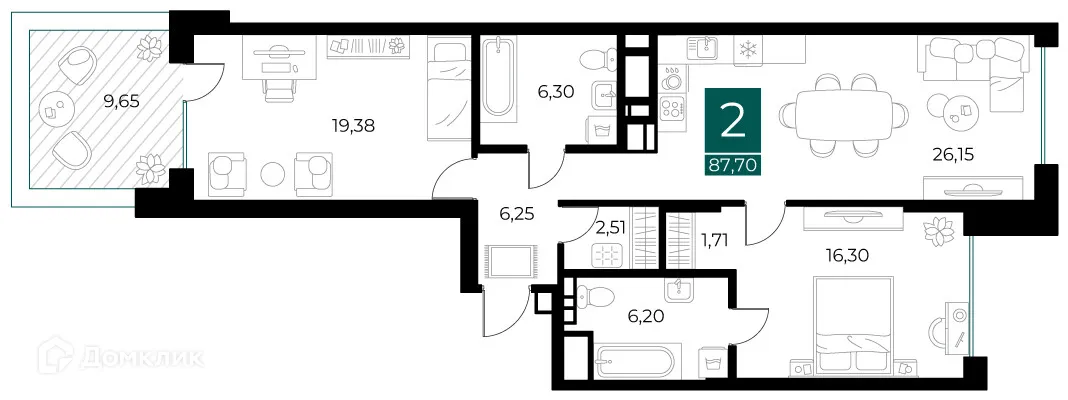 Планировка 2-комнатной квартиры 87.7 м² в ЖК Арт-кварталы, г. Рязань — фото 1