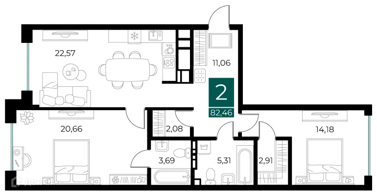 Планировка 2-комнатной квартиры 82.46 м² в ЖК Арт-кварталы, г. Рязань — фото 1