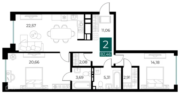 Планировка 2 комн. в ЖК Арт-кварталы