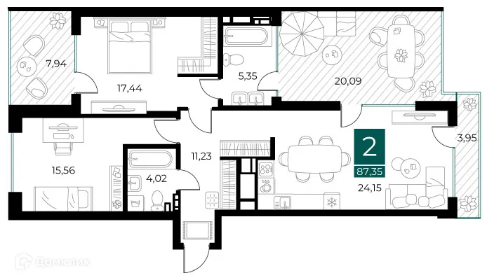 Планировка 2-комнатной квартиры 87.35 м² в ЖК Арт-кварталы, г. Рязань — фото 1
