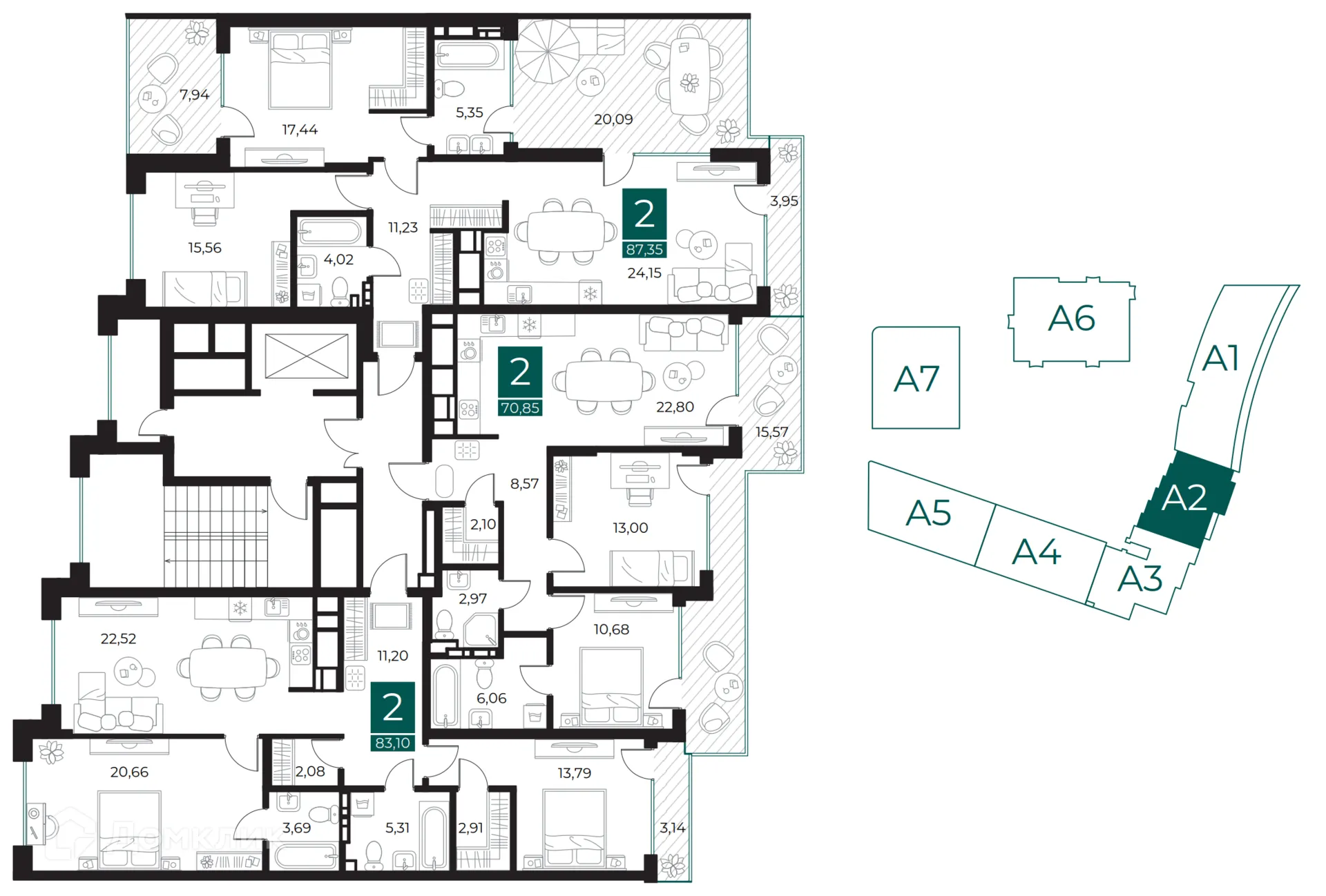 Планировка 2-комнатной квартиры 87.35 м² в ЖК Арт-кварталы, г. Рязань — фото 2