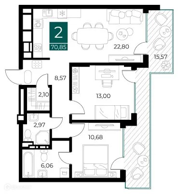 Планировка 2-комнатной квартиры 70.85 м² в ЖК Арт-кварталы, г. Рязань — фото 1