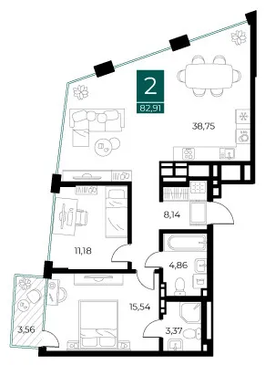 Планировка 2-комнатной квартиры 82.91 м² в ЖК Арт-кварталы, г. Рязань — фото 1