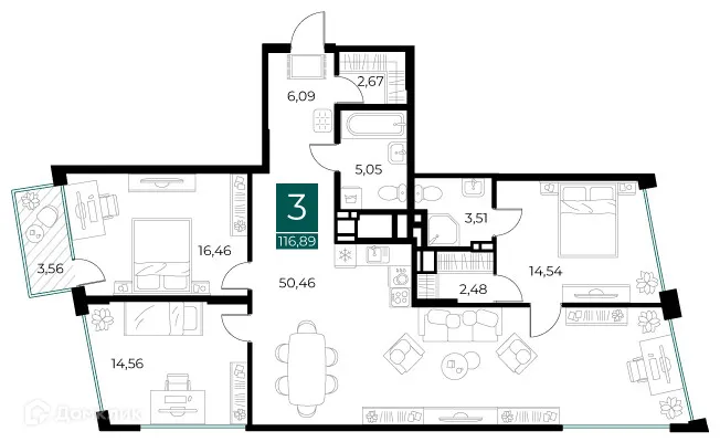 Планировка 3-комнатной квартиры 116.89 м² в ЖК Арт-кварталы, г. Рязань — фото 1