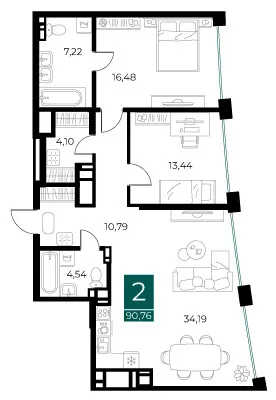 Планировка 2-комнатной квартиры 90.76 м² в ЖК Арт-кварталы, г. Рязань — фото 1