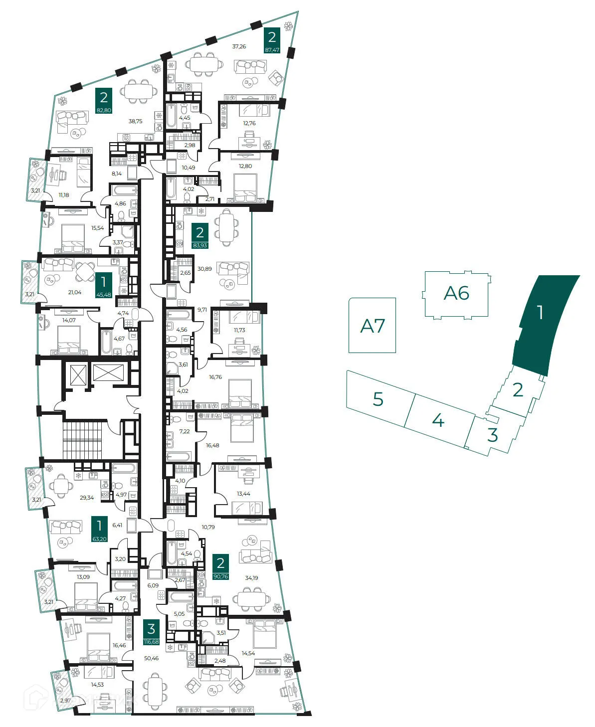 Планировка 2-комнатной квартиры 90.76 м² в ЖК Арт-кварталы, г. Рязань — фото 2