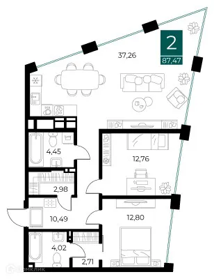 Планировка 2-комнатной квартиры 87.47 м² в ЖК Арт-кварталы, г. Рязань — фото 1