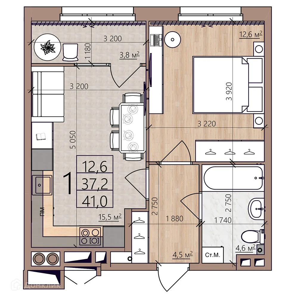 Планировка 1-комнатной квартиры 41 м² в ЖК Окская стрелка, г. Рязань — фото 1