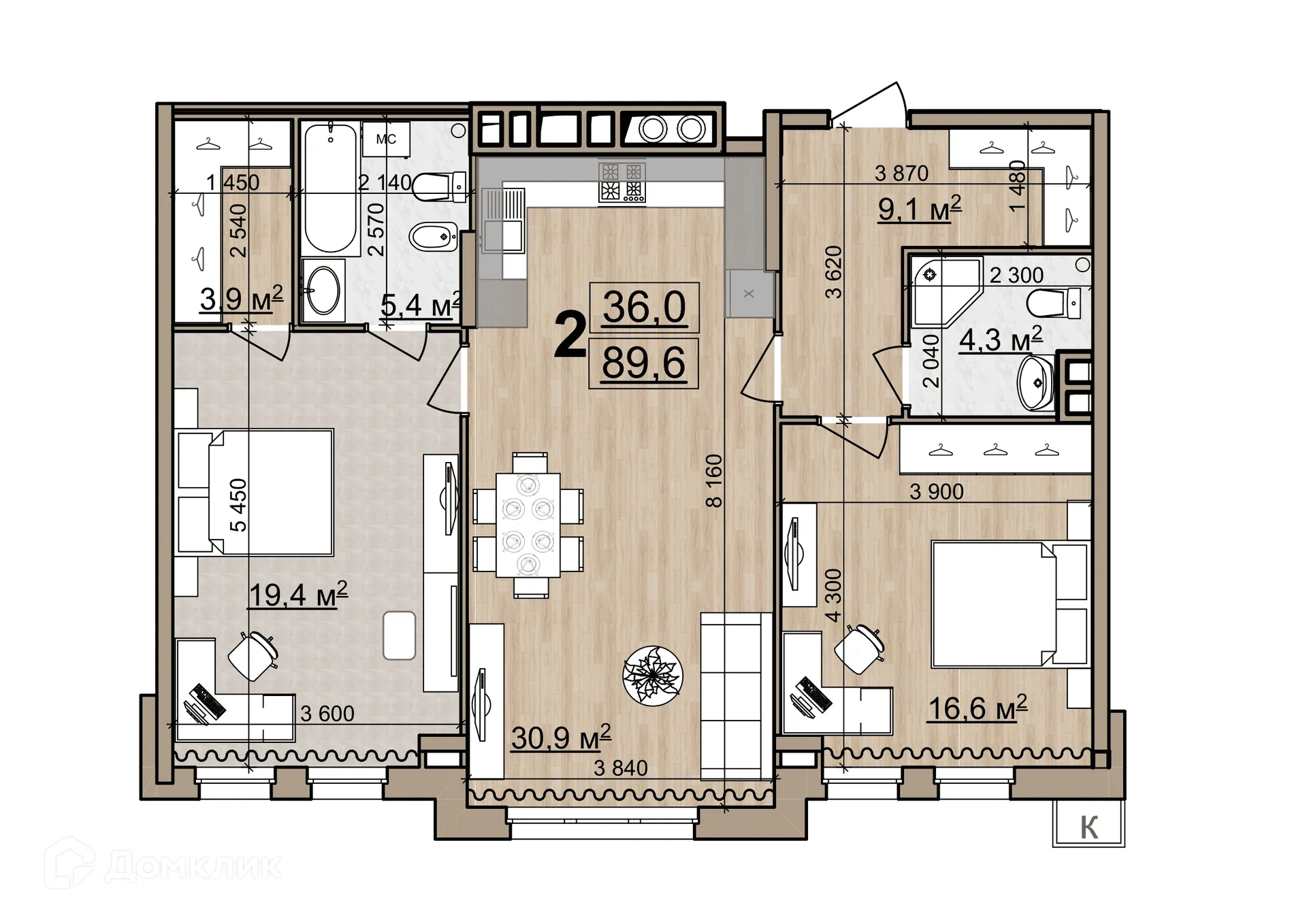 Планировка 2-комнатной квартиры 89.6 м² в ЖК Pride Park (Прайд Парк), г. Рязань — фото 1