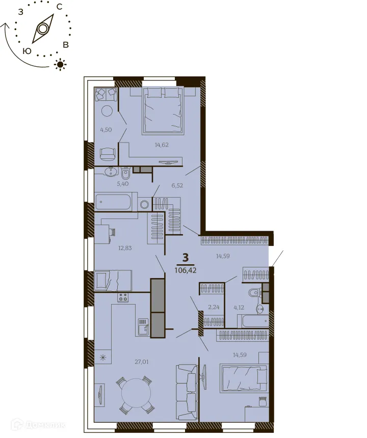 Планировка 3-комнатной квартиры 106.42 м² в ЖК ТАТЛИН, г. Рязань — фото 1