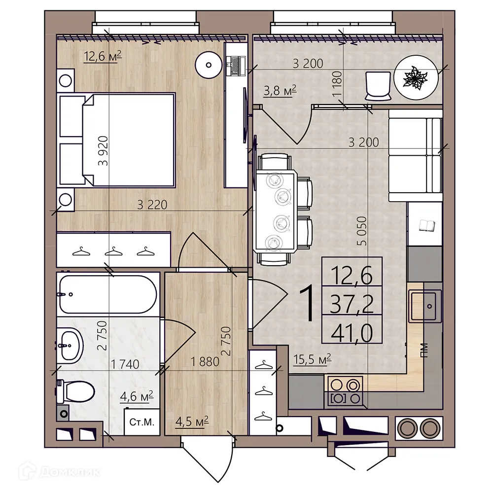 Планировка 1-комнатной квартиры 41 м² в ЖК Окская стрелка, г. Рязань — фото 1