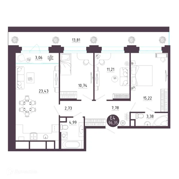 Планировка 3 комн. в ЖК Крылья