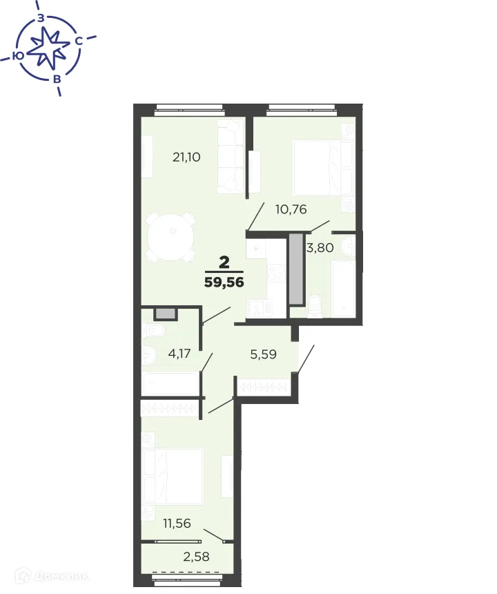 Планировка 2-комнатной квартиры 59.56 м² в ЖК Метропарк, г. Рязань — фото 1