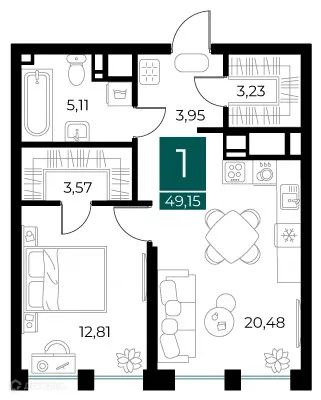 Планировка 1 комн. в ЖК Арт-кварталы
