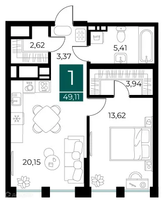 Планировка 1-комнатной квартиры 49.11 м² в ЖК Арт-кварталы, г. Рязань — фото 1