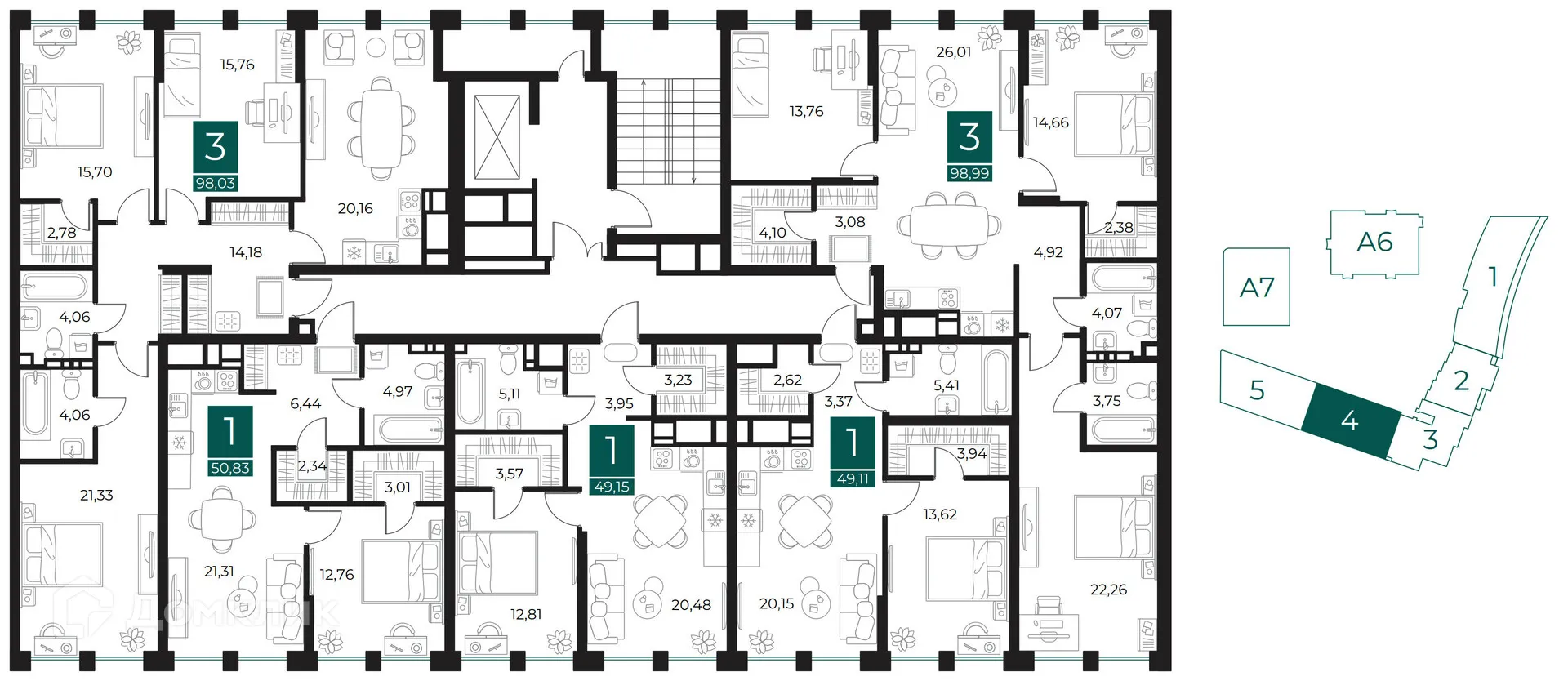 Планировка 1-комнатной квартиры 49.11 м² в ЖК Арт-кварталы, г. Рязань — фото 2
