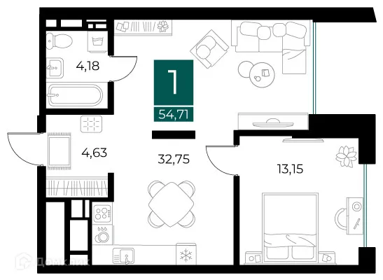 Планировка 1-комнатной квартиры 54.71 м² в ЖК Арт-кварталы, г. Рязань — фото 1