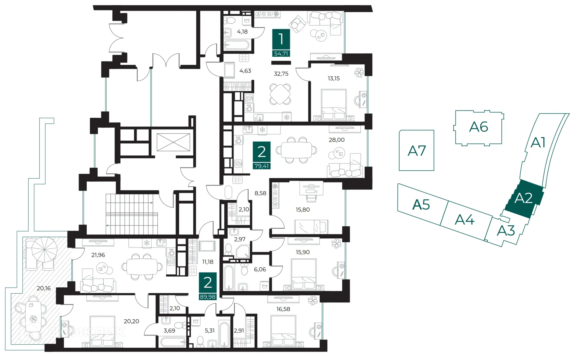Планировка 1-комнатной квартиры 54.71 м² в ЖК Арт-кварталы, г. Рязань — фото 2