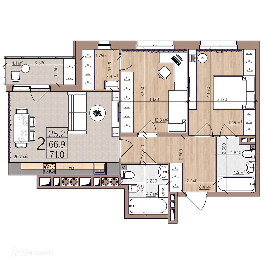 Планировка 2-комнатной квартиры 71 м² в ЖК Окская стрелка, г. Рязань — фото 1
