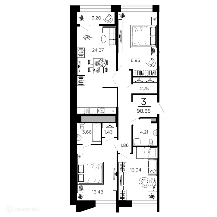 Планировка 3-комнатной квартиры 98.85 м² в ЖК ВЕГА, г. Рязань — фото 1