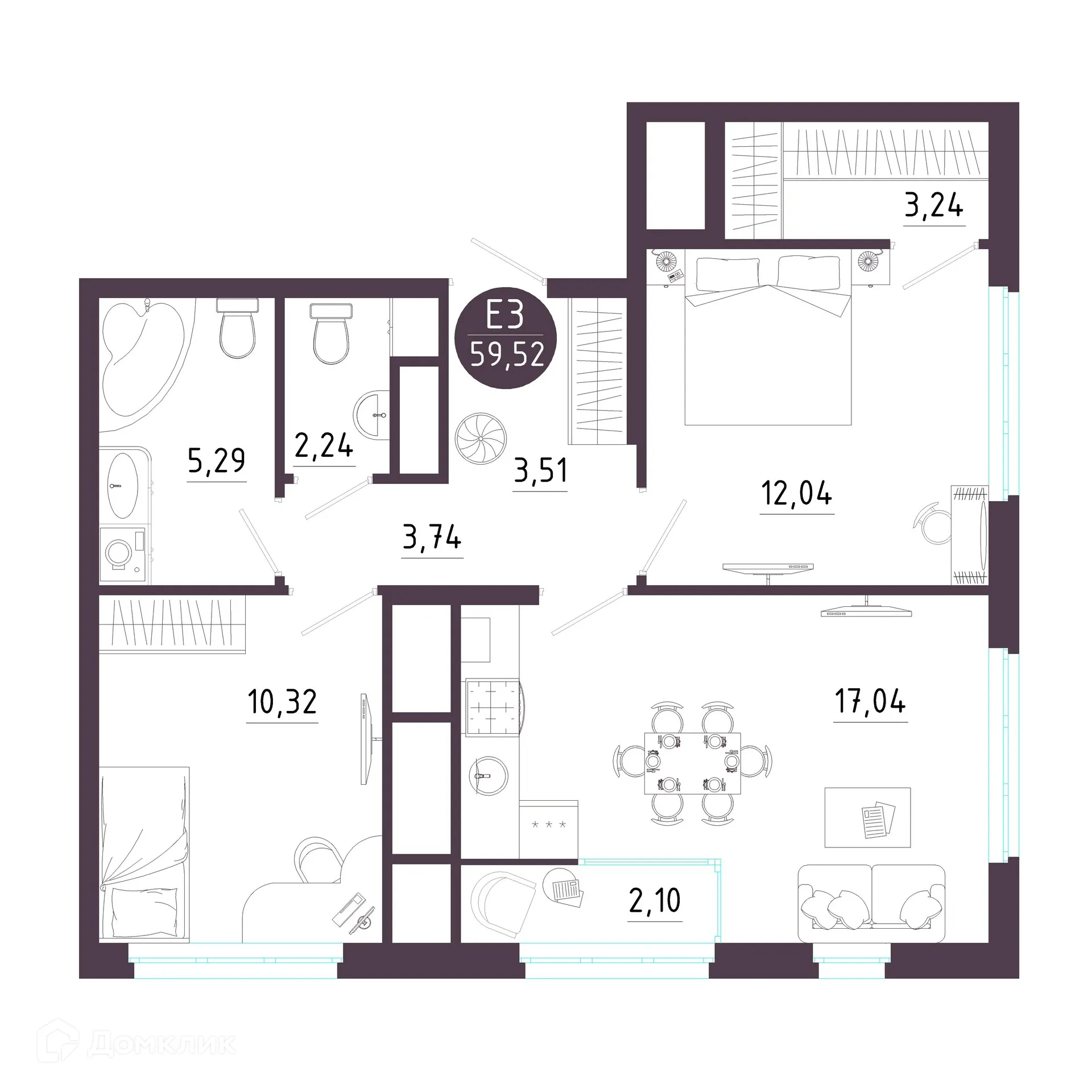 Планировка 2-комнатной квартиры 59.52 м² в ЖК Крылья, г. Рязань — фото 1