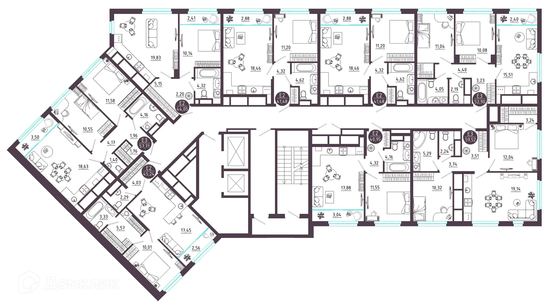Планировка 2-комнатной квартиры 59.52 м² в ЖК Крылья, г. Рязань — фото 2