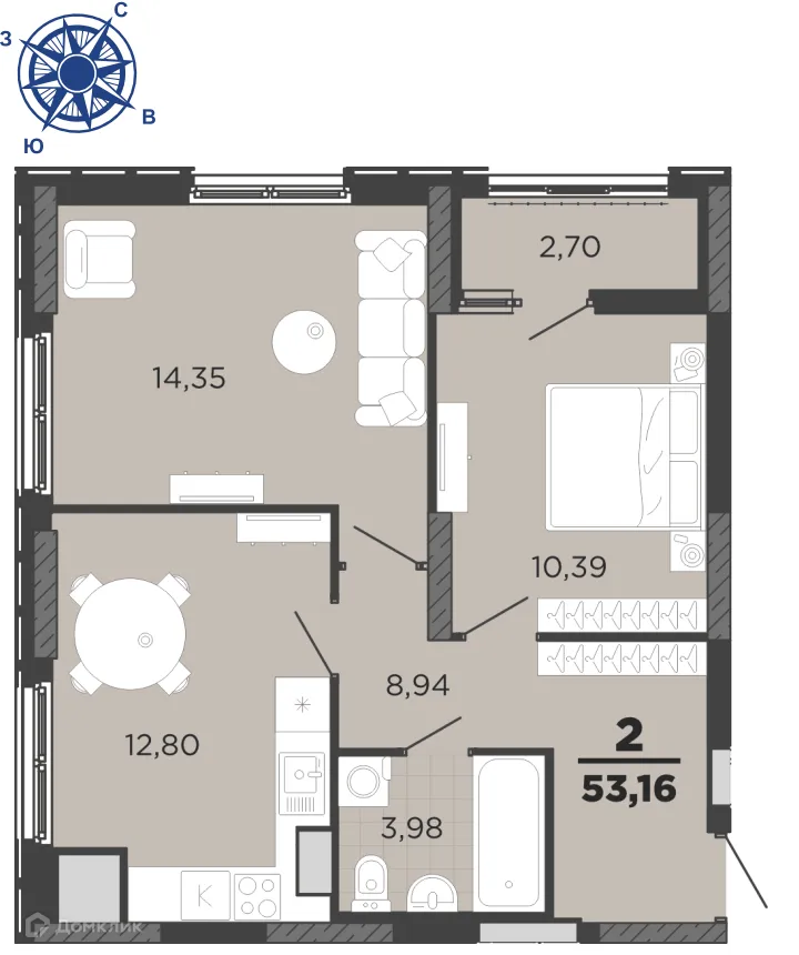 Планировка 2-комнатной квартиры 53.16 м² в ЖК "Академик", г. Рязань — фото 1