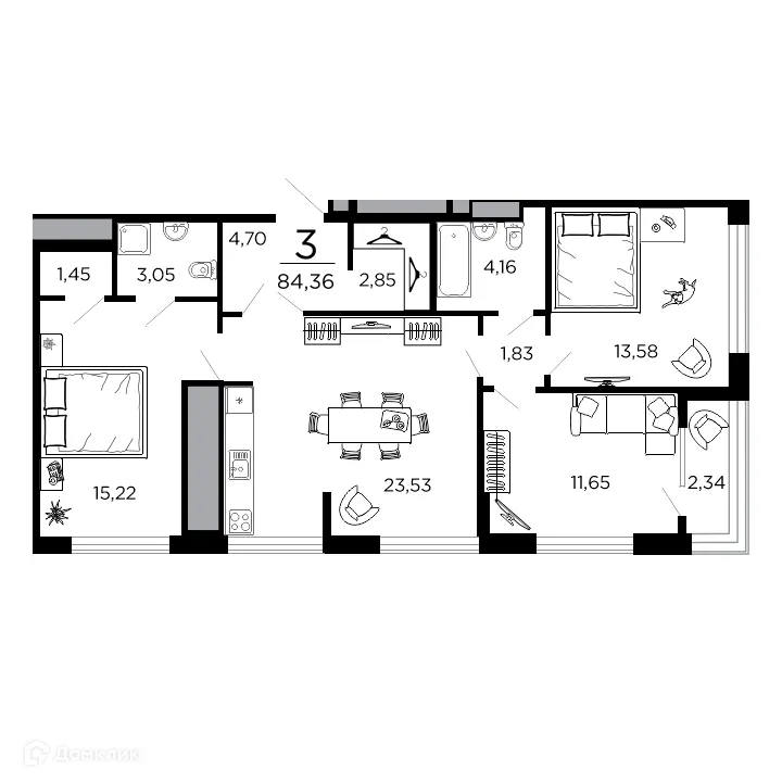 Планировка 3-комнатной квартиры 84.36 м² в ЖК ВЕГА, г. Рязань — фото 1