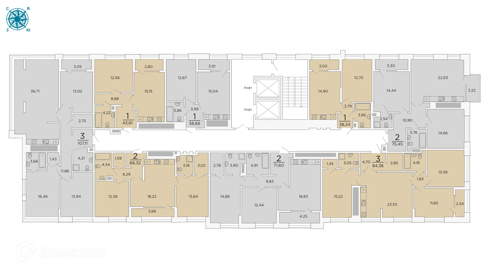 Планировка 3-комнатной квартиры 84.36 м² в ЖК ВЕГА, г. Рязань — фото 3