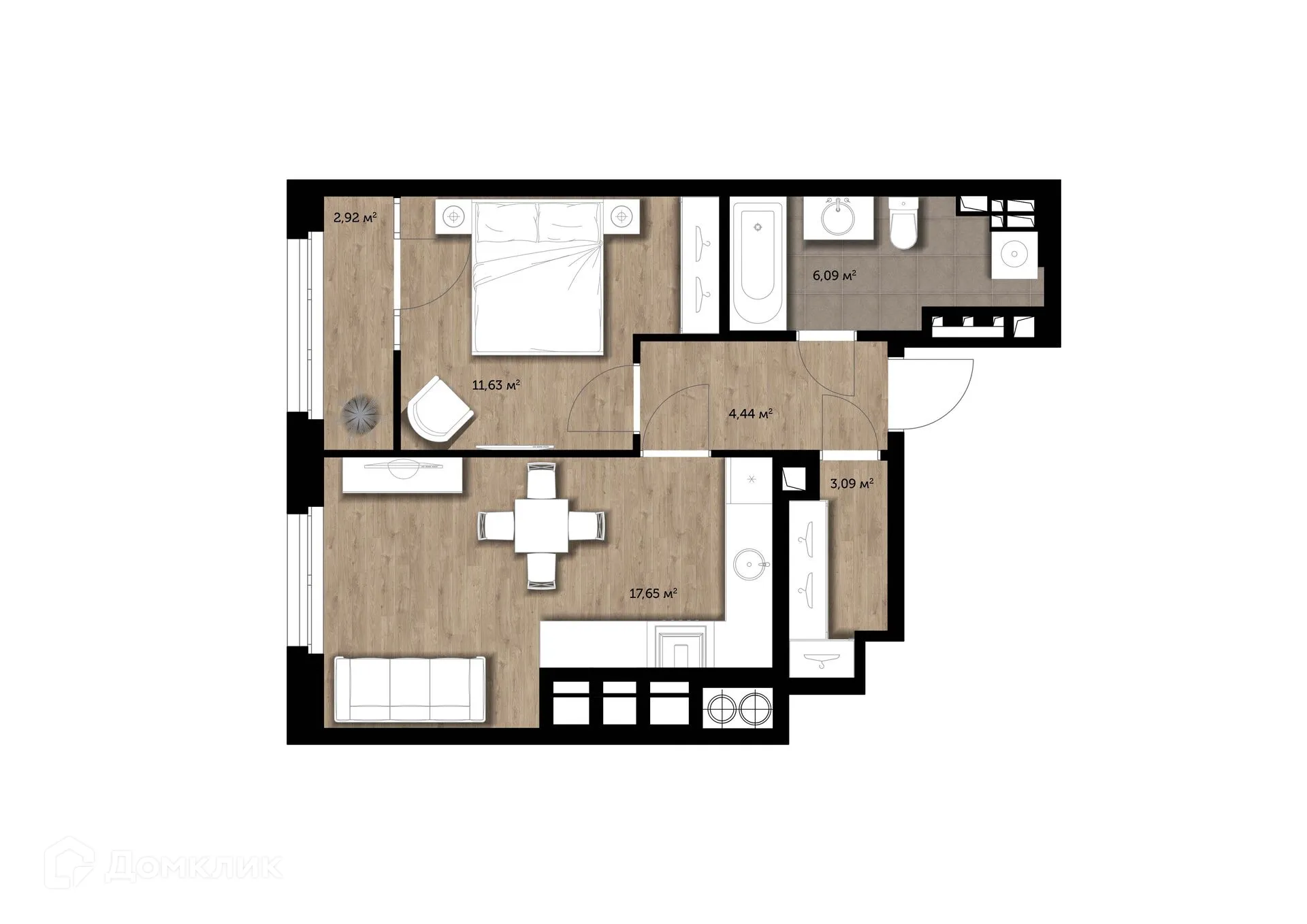 Планировка 1-комнатной квартиры 44.1 м² в ЖК "Голландия", г. Рязань — фото 1