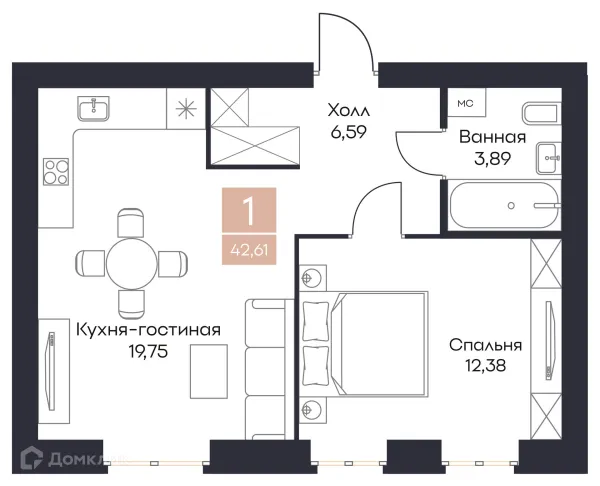 Планировка 1 комн. в ЖК Резиденция Поляна