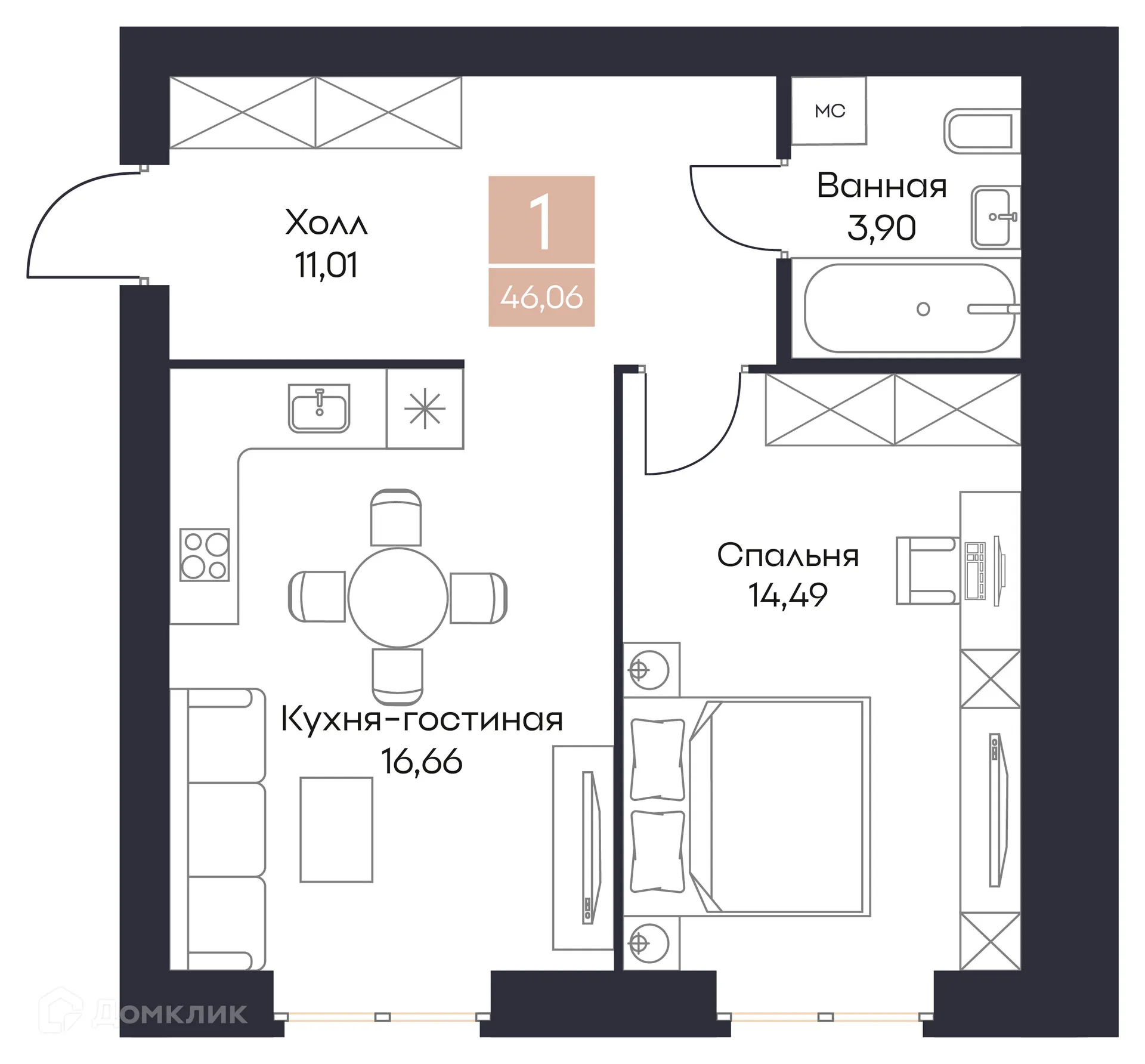Планировка 1-комнатной квартиры 46.06 м² в ЖК Резиденция Поляна, г. Рязань — фото 1