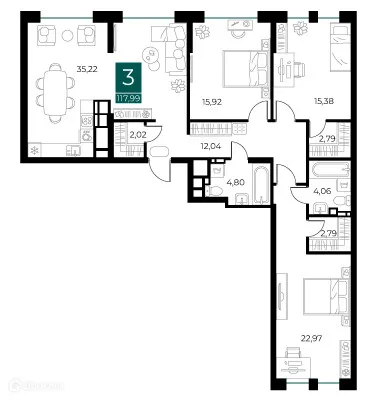 Планировка 3-комнатной квартиры 117.99 м² в ЖК Арт-кварталы, г. Рязань — фото 1