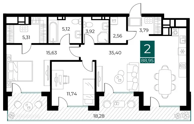 Планировка 2-комнатной квартиры 88.95 м² в ЖК Арт-кварталы, г. Рязань — фото 1