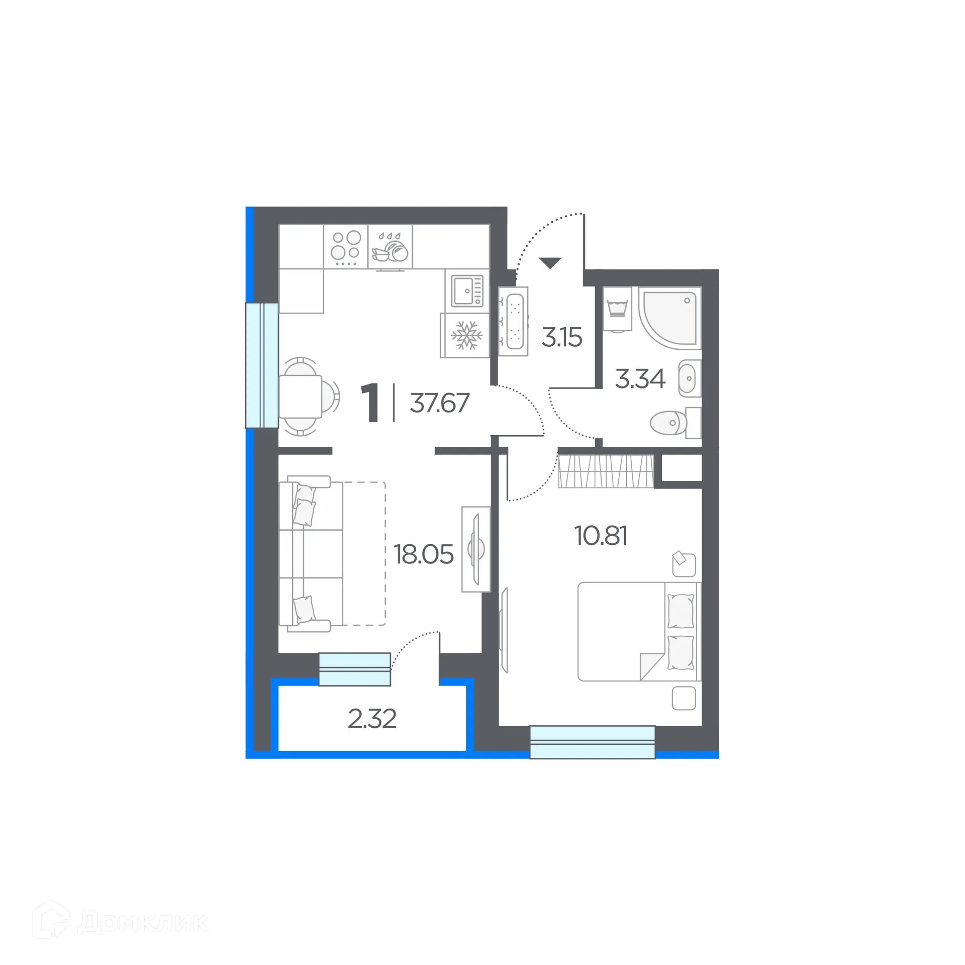 Планировка 1-комнатной квартиры 37.67 м² в ЖК Новые горизонты, г. Дядьково — фото 1