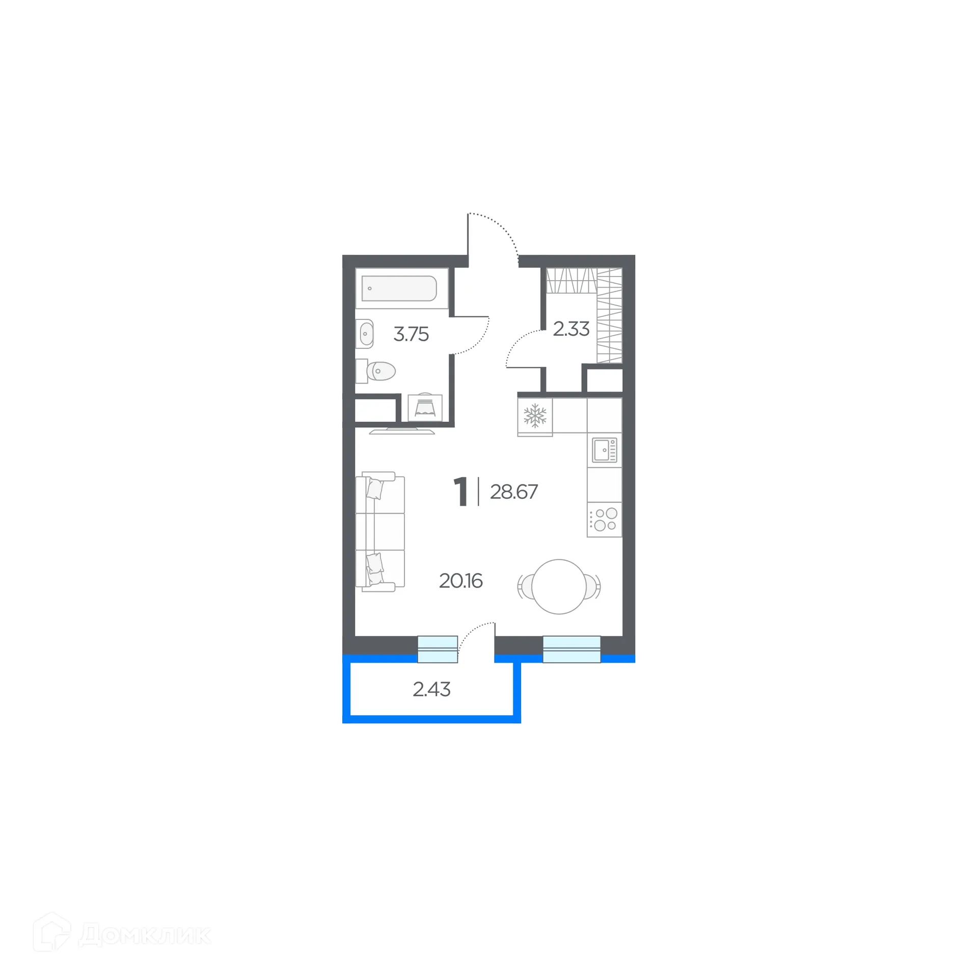 Планировка студии квартиры 28.67 м² в ЖК Окские просторы, г. Рязань — фото 1