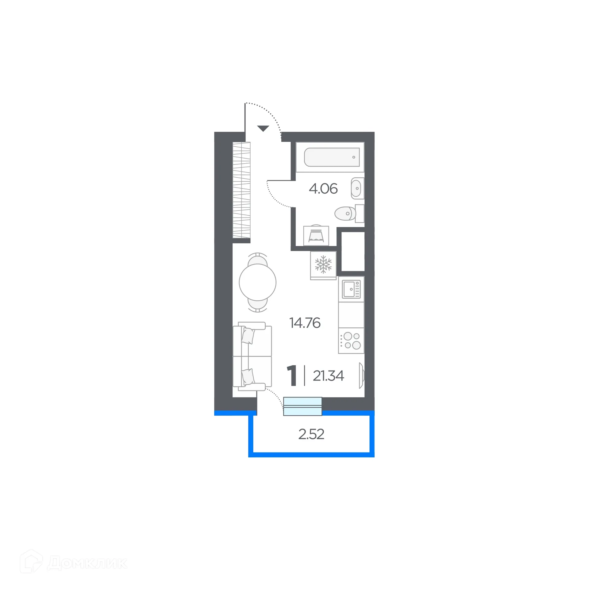 Планировка студии квартиры 21.34 м² в ЖК Шереметьевский квартал, г. Дядьково — фото 1